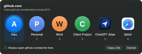 The Turnout picker for a github.com link, offering the Alex, Personal, Work and Client Project profiles, ChatGPT Atlas and Safari, numbered 1 to 6.
